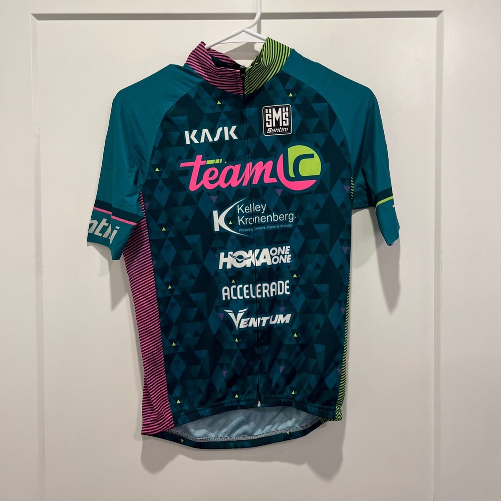 Santini SMS Team LC Cycling Jersey Mens Medium Teal Pink Geometric Full Zip